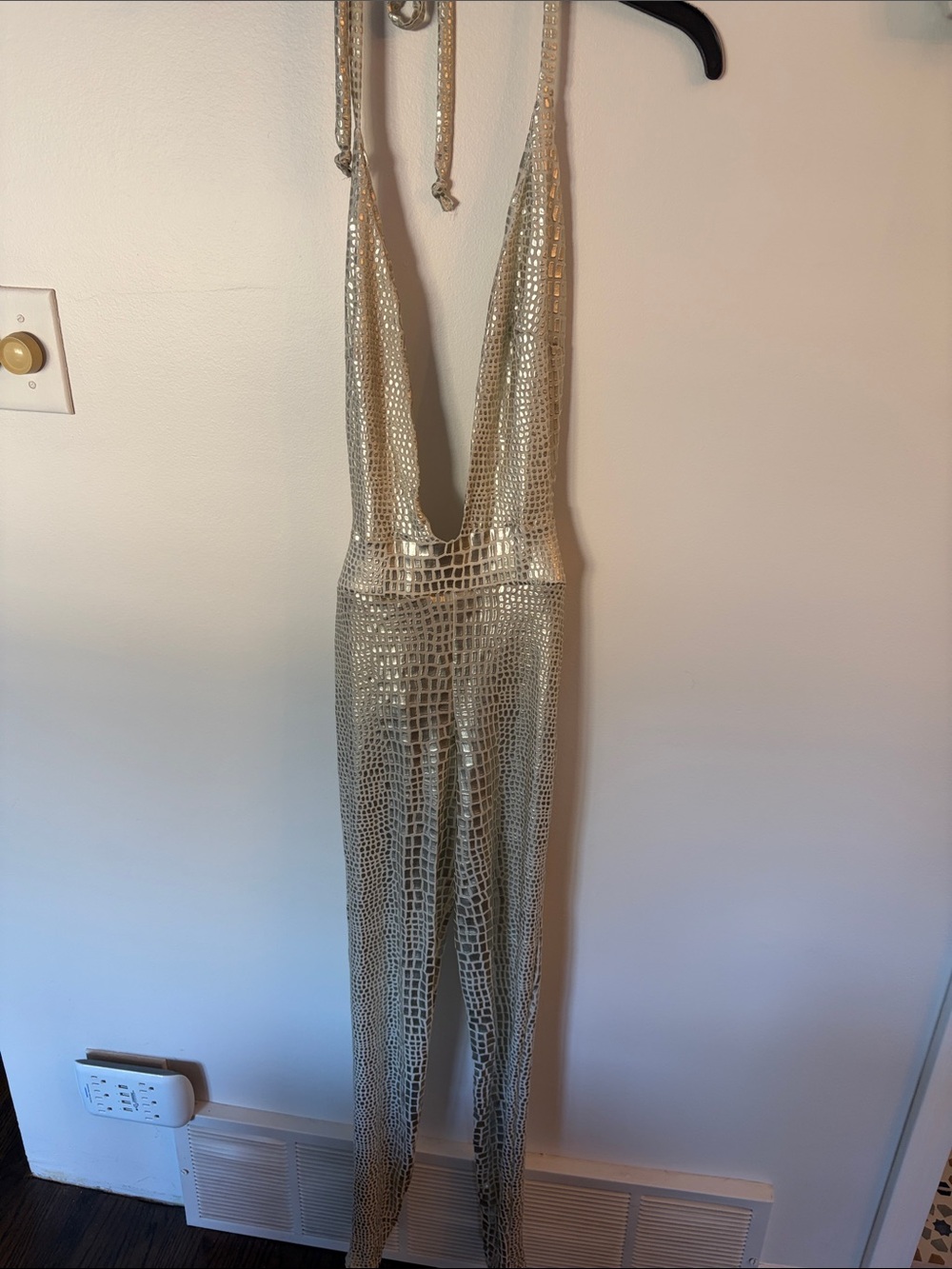 Metallic Croc-Embossed Halter Jumpsuit